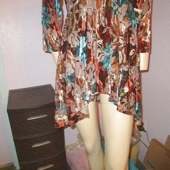 MECHANT Burnout VELVET Blouse Size L TOP Tunic 3/4 SLEEVES Asymmetrical FLOWY - Picture 3 of 11
